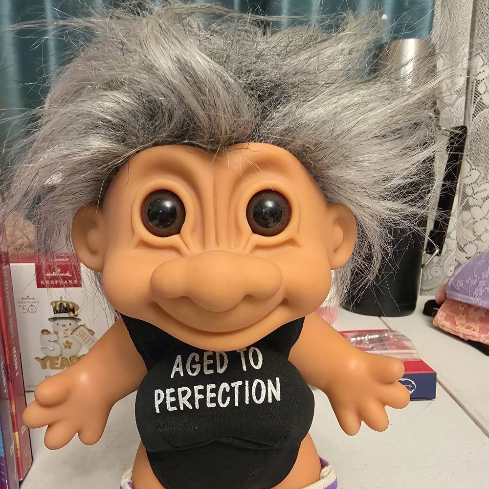 Troll Doll with Gray Hair and Black Outfit